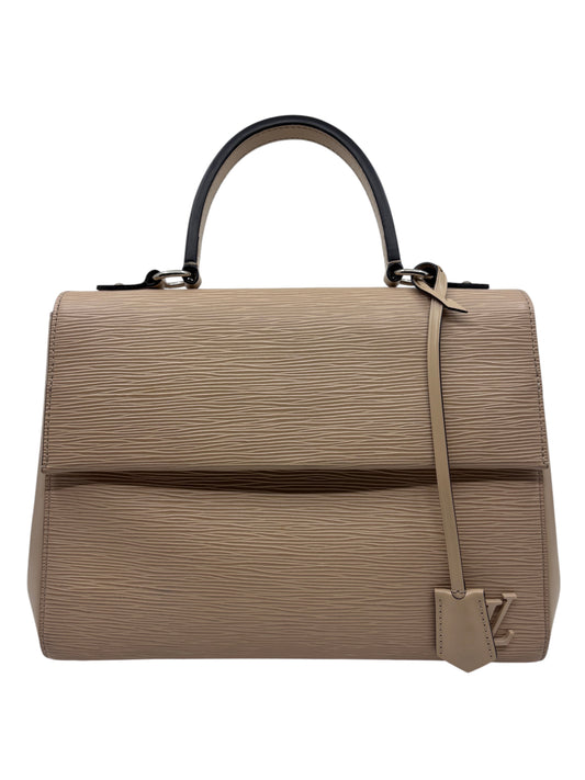 Posh Purse Co. beige Louis Vuitton Cluny MM handbag in textured Epi leather with a structured top handle.