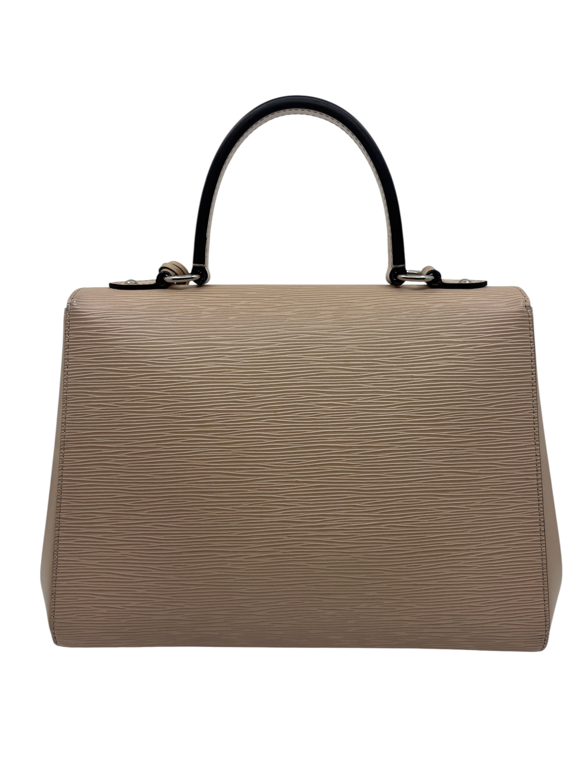 Posh Purse Co. beige Epi leather Louis Vuitton Cluny MM handbag with a structured silhouette and black top handle.