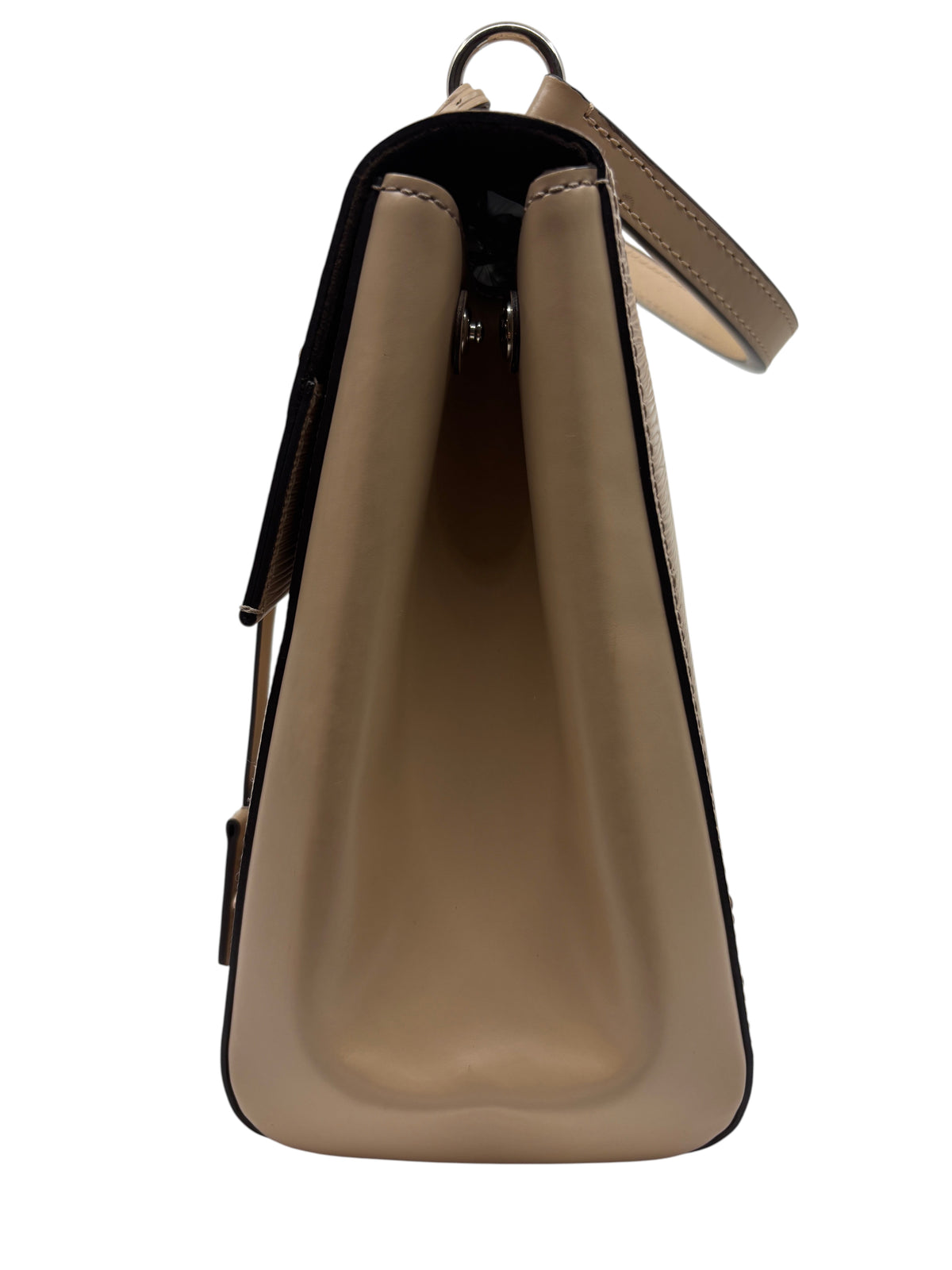 Side profile of a beige Louis Vuitton Cluny MM handbag in textured Epi leather from Posh Purse Co.