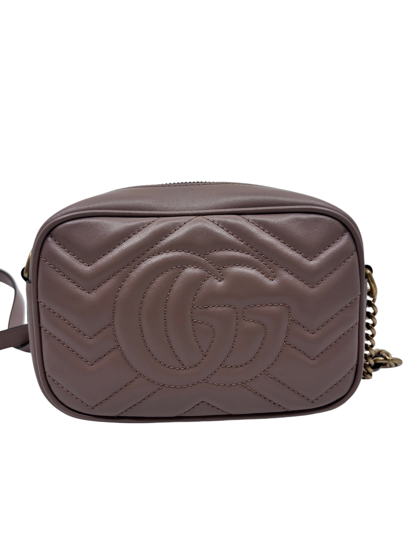 Posh Purse Co. beige quilted leather Gucci camera bag with iconic GG logo and chain strap