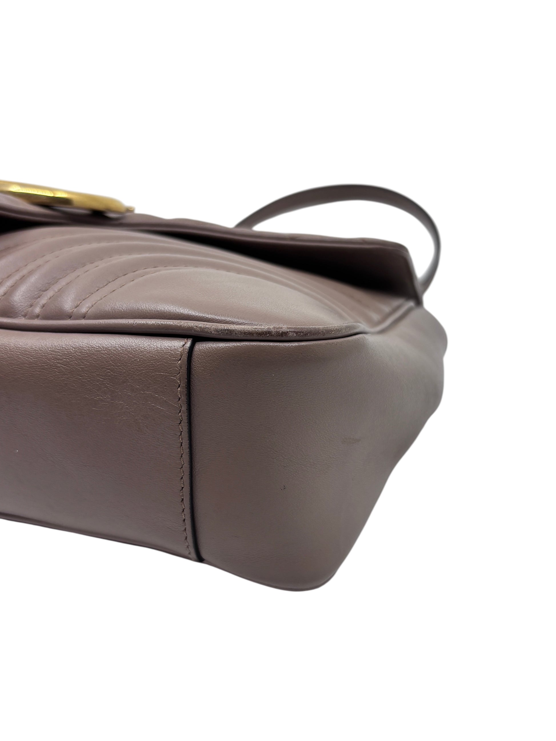 Posh Purse Co beige quilted leather Gucci Marmont shoulder bag showing corner wear and gold hardware detail