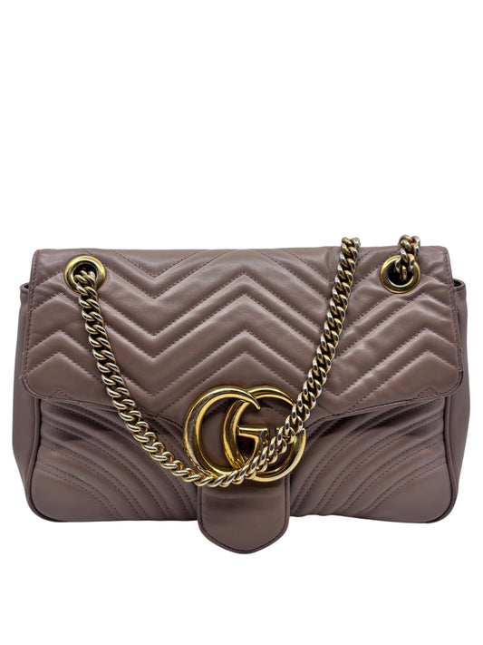Posh Purse Co beige quilted leather Gucci Marmont shoulder bag with gold-tone Double G hardware and chain strap.