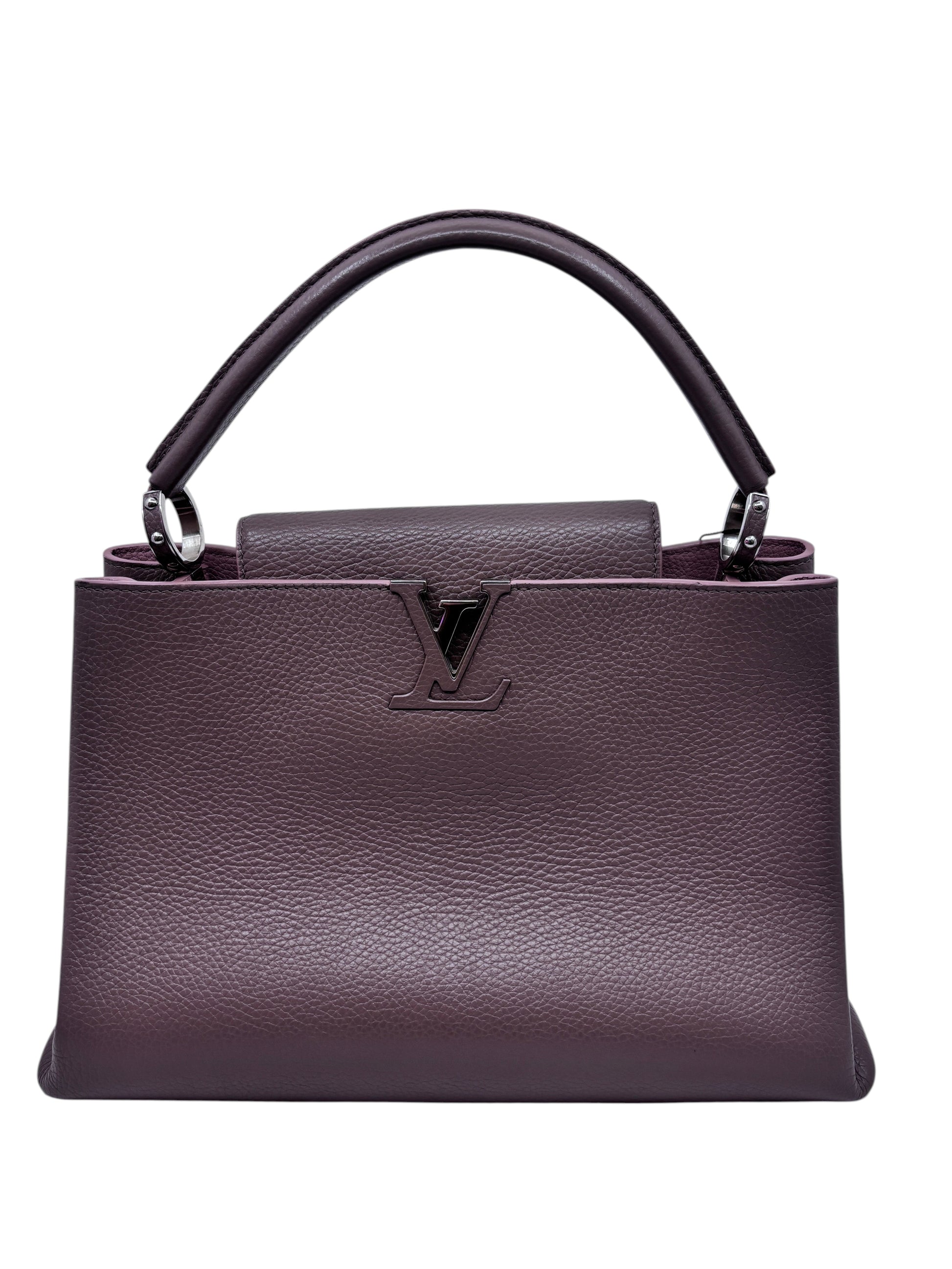 Posh Purse Co preloved beige Louis Vuitton Capucines MM handbag with structured leather and signature LV hardware