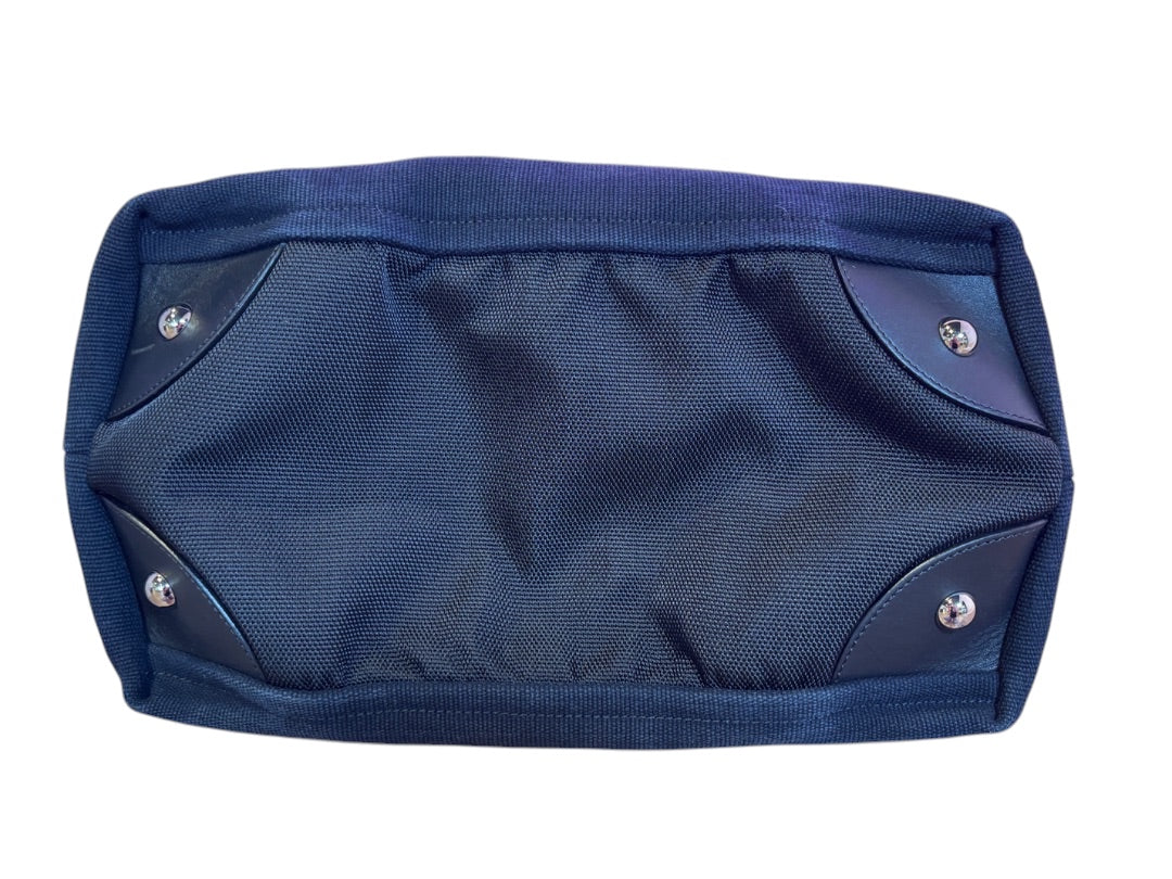Posh Purse Co. black and blue Chanel XXL beach tote with leather trim and silver hardware.