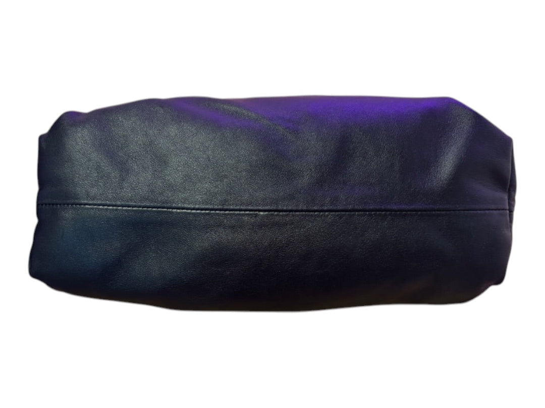 Posh Purse Co black leather Bottega Veneta Chain Pouch with gathered design and chunky chain strap.