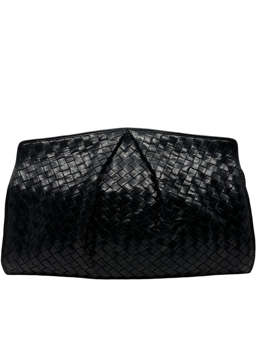 Posh Purse Co. vintage black Bottega Veneta Intrecciato woven leather clutch with a sleek, minimalist silhouette.