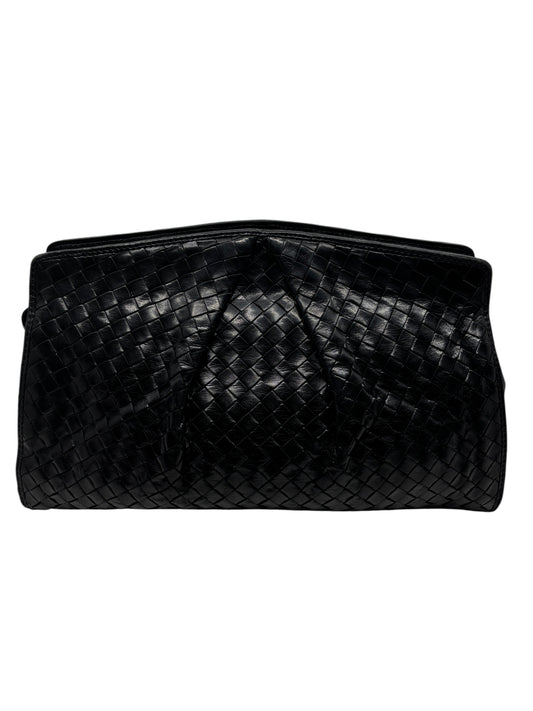 Posh Purse Co. vintage black Bottega Veneta Intrecciato woven leather clutch with a minimalist structured design.