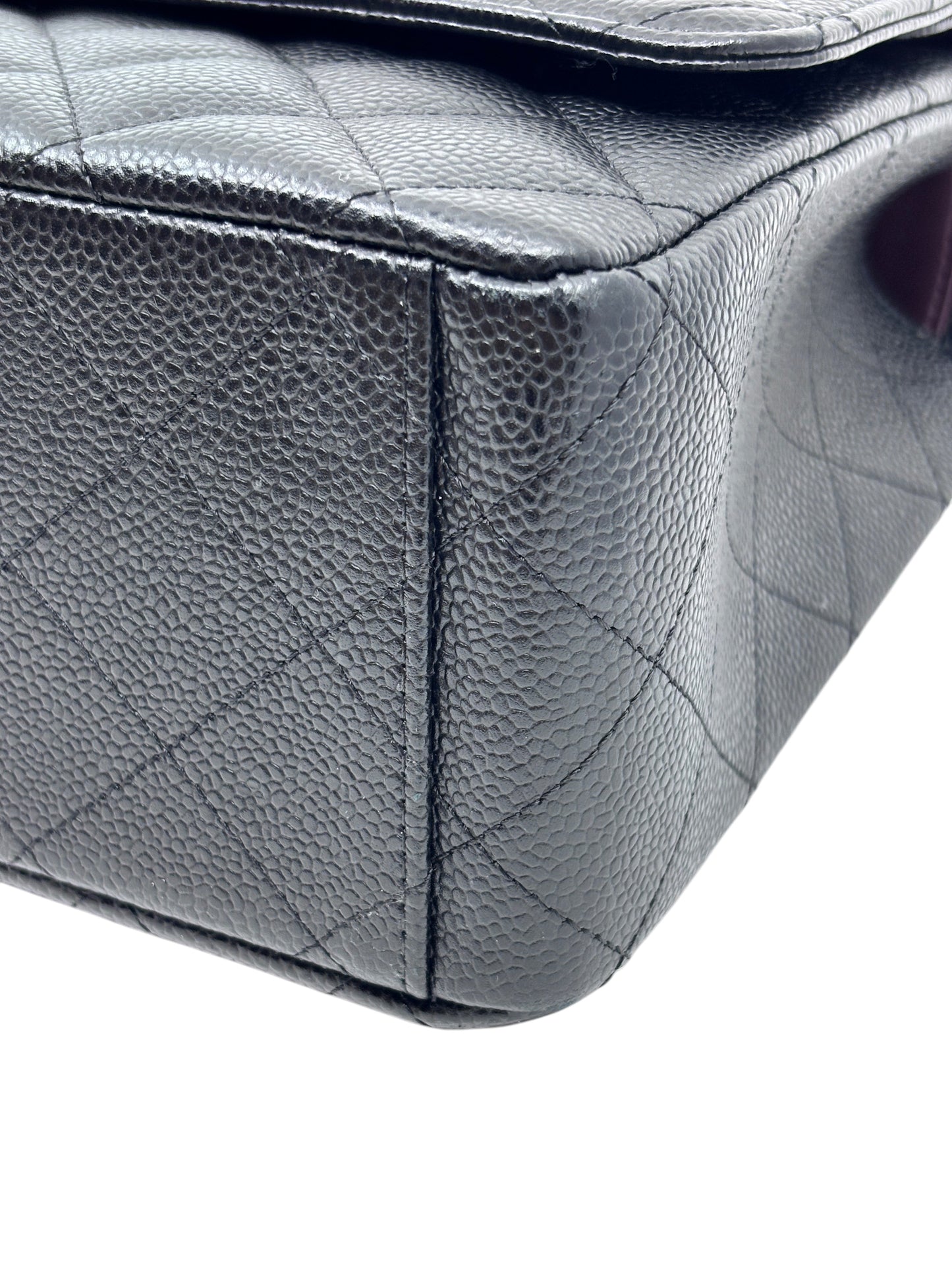 Posh Purse Co black quilted caviar leather Chanel Classic Jumbo Flap bag corner detail