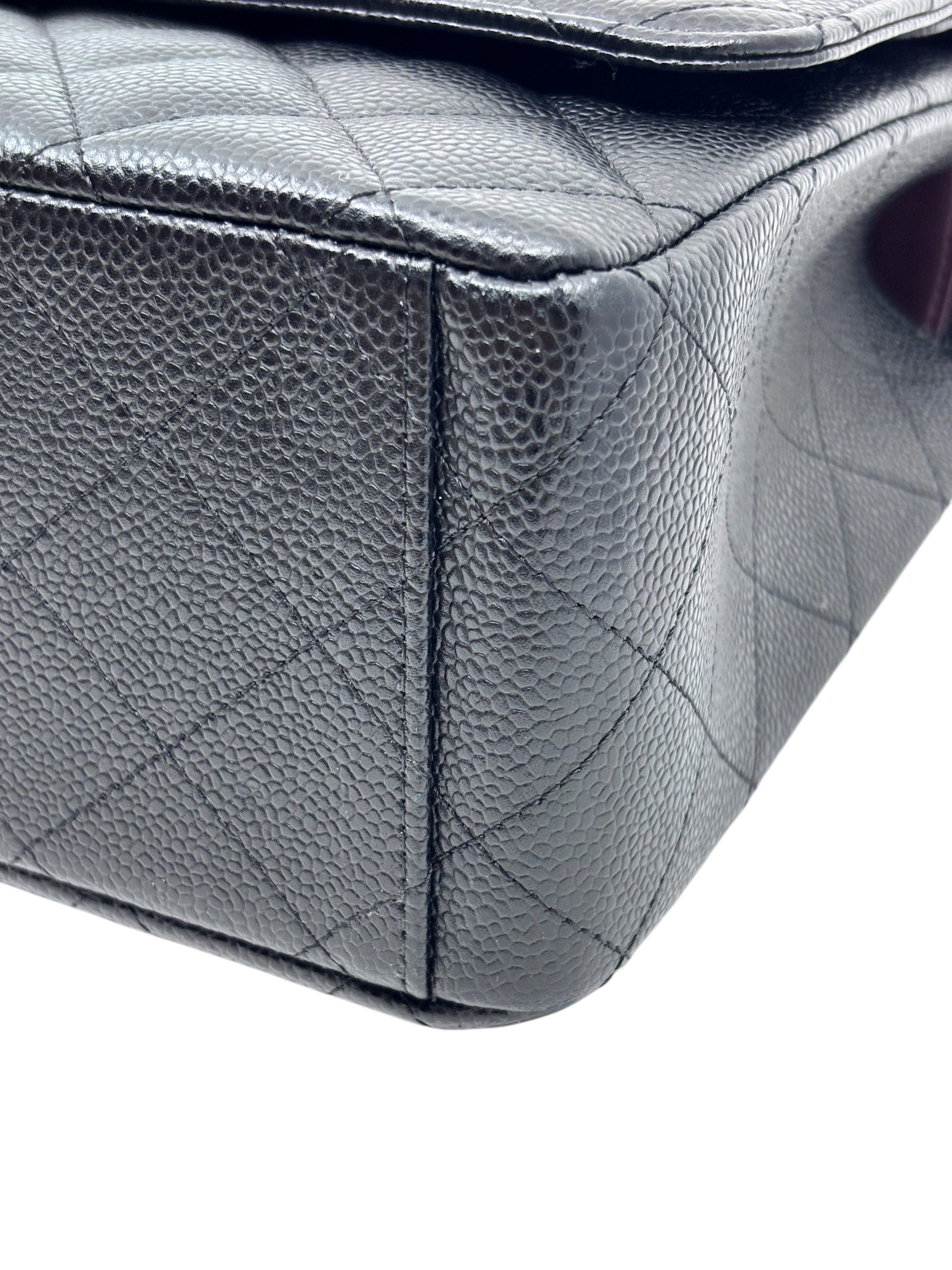Posh Purse Co black quilted caviar leather Chanel Classic Jumbo Flap bag corner detail