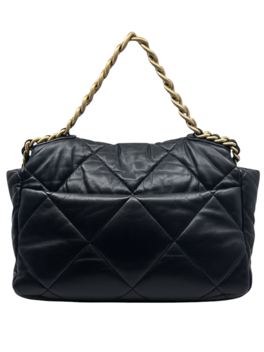 Posh Purse Co preloved black Chanel 19 flap bag with oversized diamond quilting and mixed metal chain strap