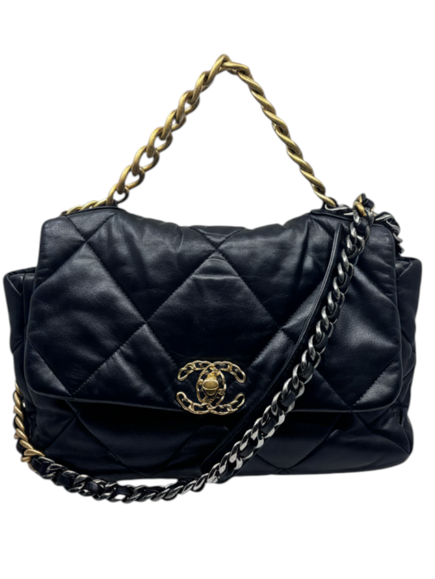 Posh Purse Co black Chanel 19 flap bag with oversized diamond quilting and mixed gold and silver tone chain hardware.