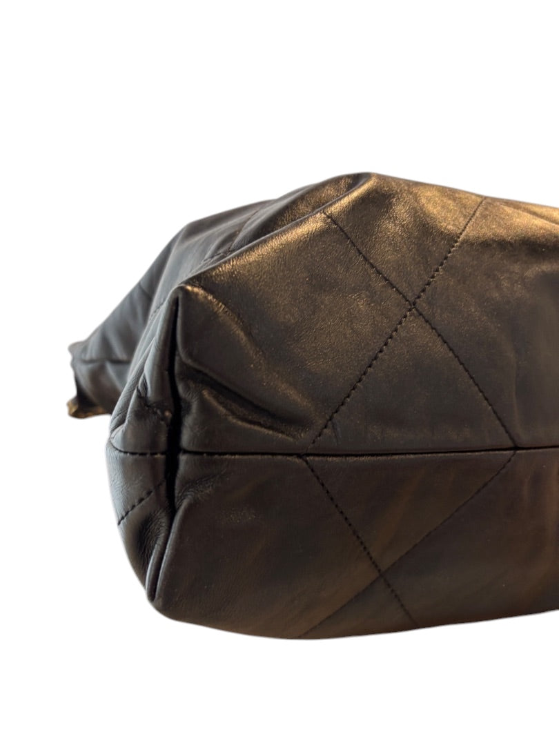 Posh Purse Co. Large black Chanel 22 bag in shiny calfskin leather with gold hardware.