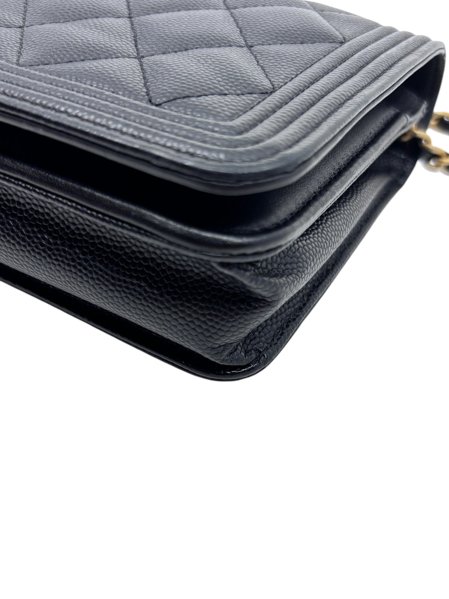 Posh Purse Co black quilted Chanel Boy wallet on chain with textured caviar leather and gold hardware detail