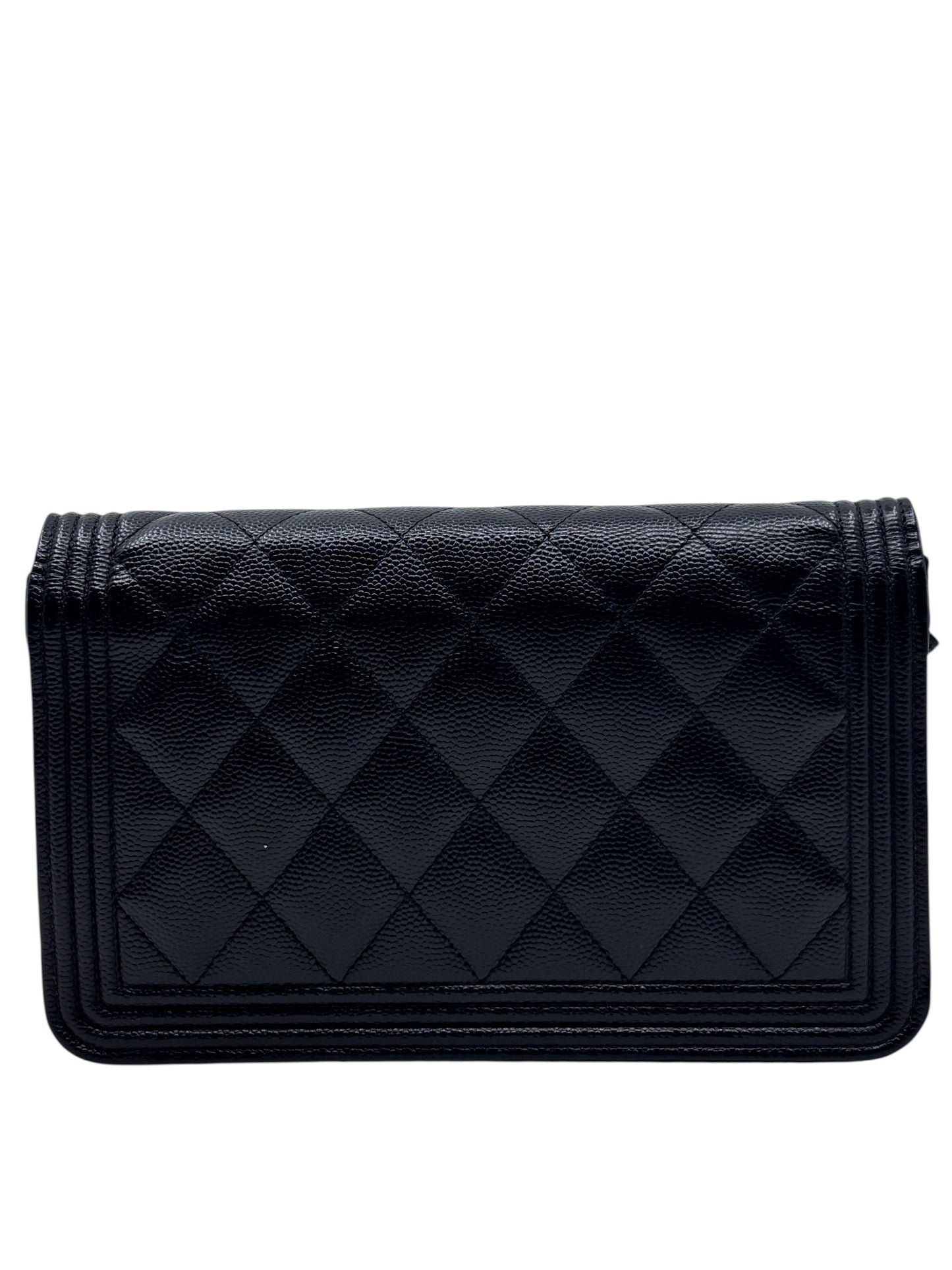 Posh Purse Co black quilted Chanel Boy wallet on chain with signature diamond pattern and textured leather finish