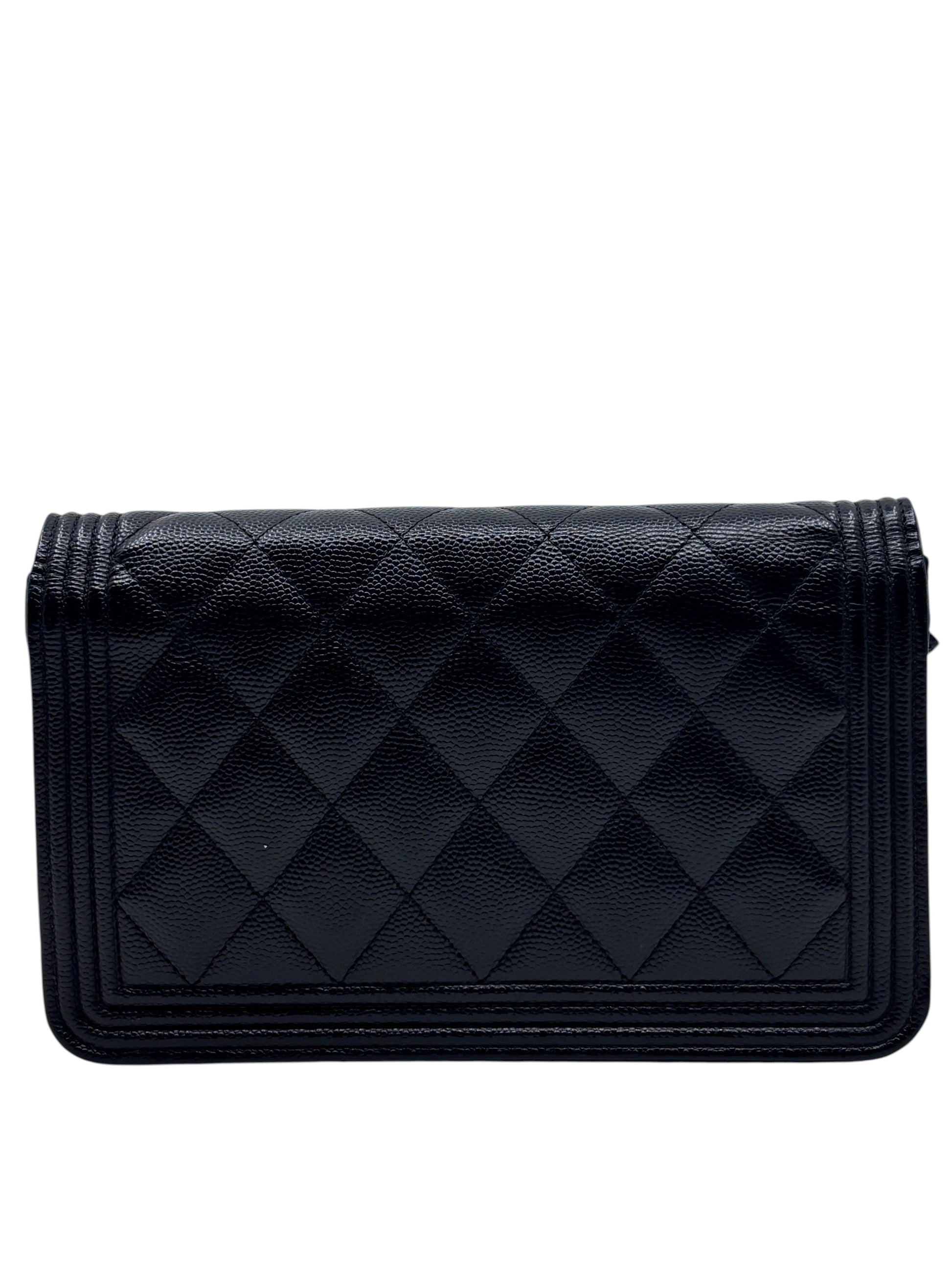 Posh Purse Co black quilted Chanel Boy wallet on chain with signature diamond pattern and textured leather finish