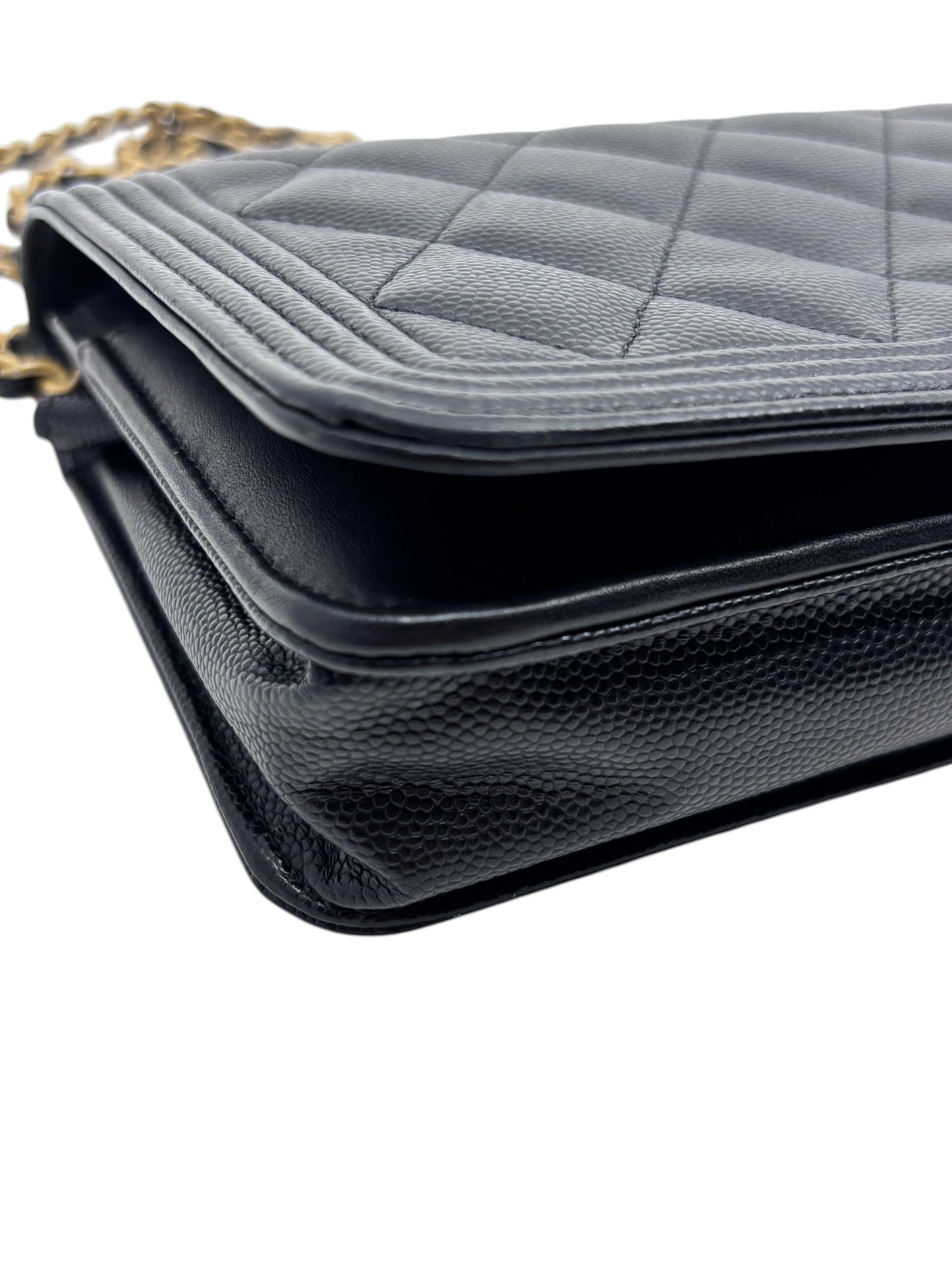 Posh Purse Co black Chanel Boy wallet on chain featuring quilted caviar leather and gold-tone hardware