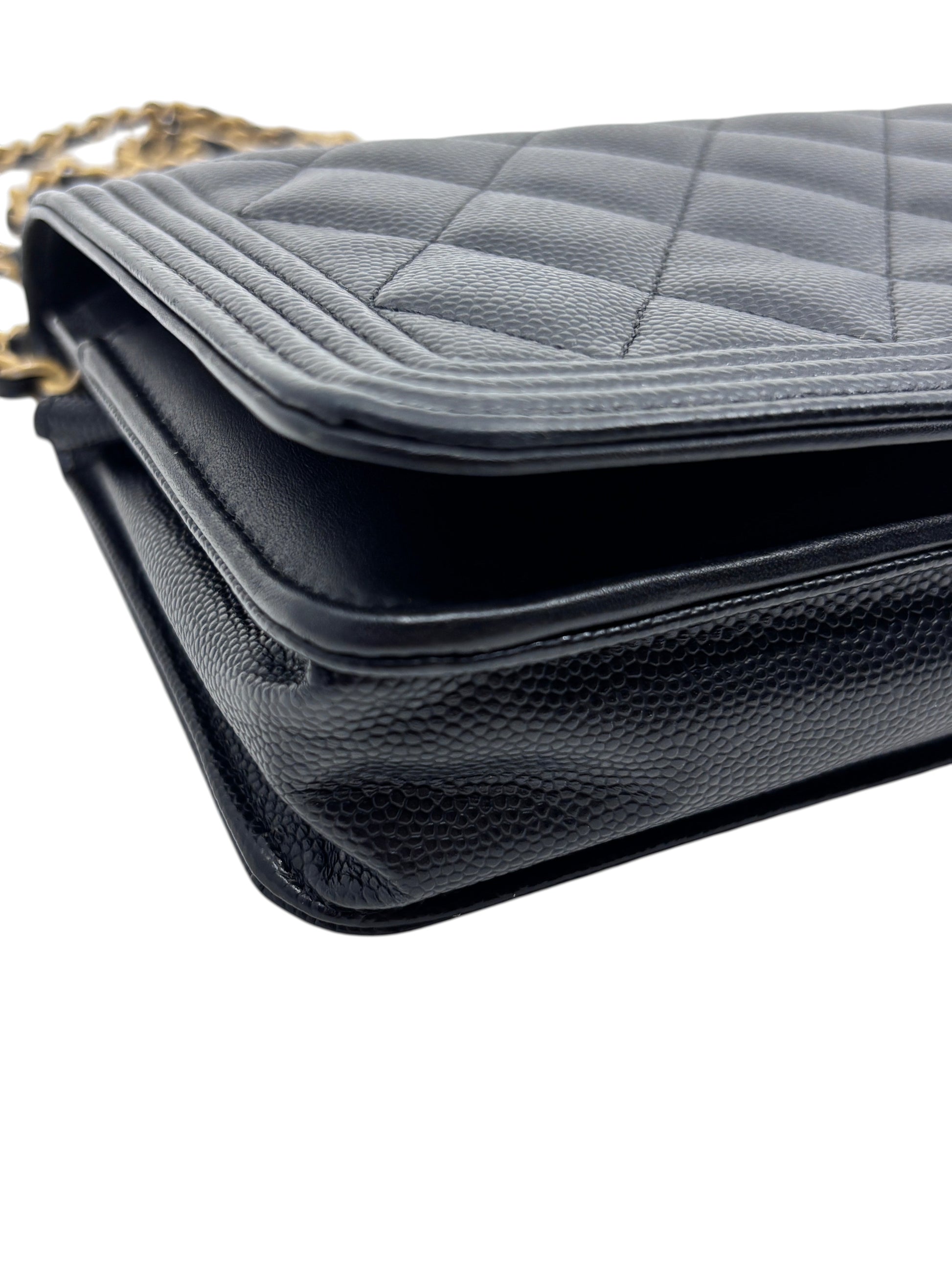 Posh Purse Co black Chanel Boy wallet on chain featuring quilted caviar leather and gold-tone hardware