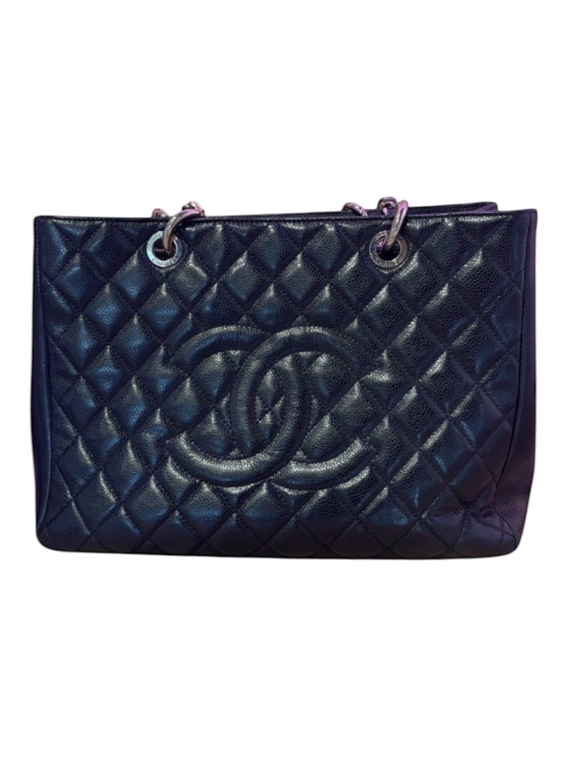 Posh Purse Co black caviar leather Chanel Grand Shopping Tote with silver-tone hardware and diamond quilting.