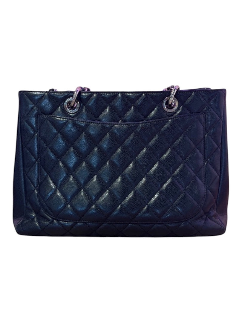 Posh Purse Co black Chanel Grand Shopping Tote in pebbled caviar leather with silver-tone hardware and diamond quilting.