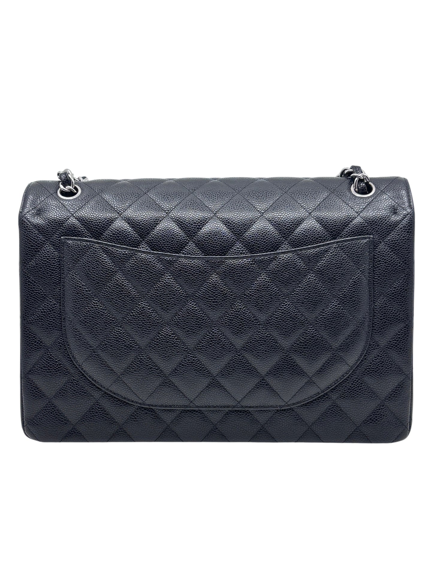 Posh Purse Co black quilted caviar leather Chanel Jumbo Classic Flap bag with silver chain strap back view