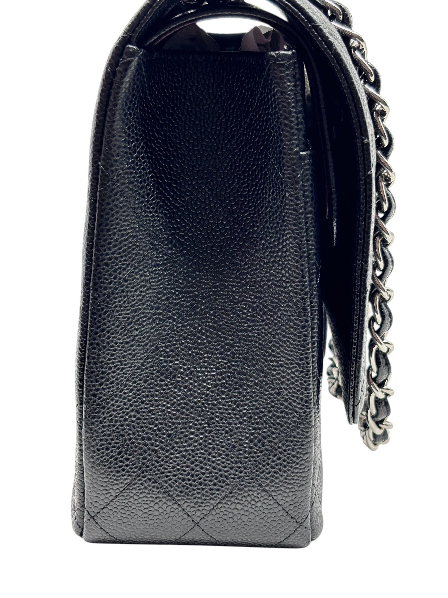 Posh Purse Co black quilted caviar leather Chanel Jumbo Classic Flap bag with silver chain strap side view