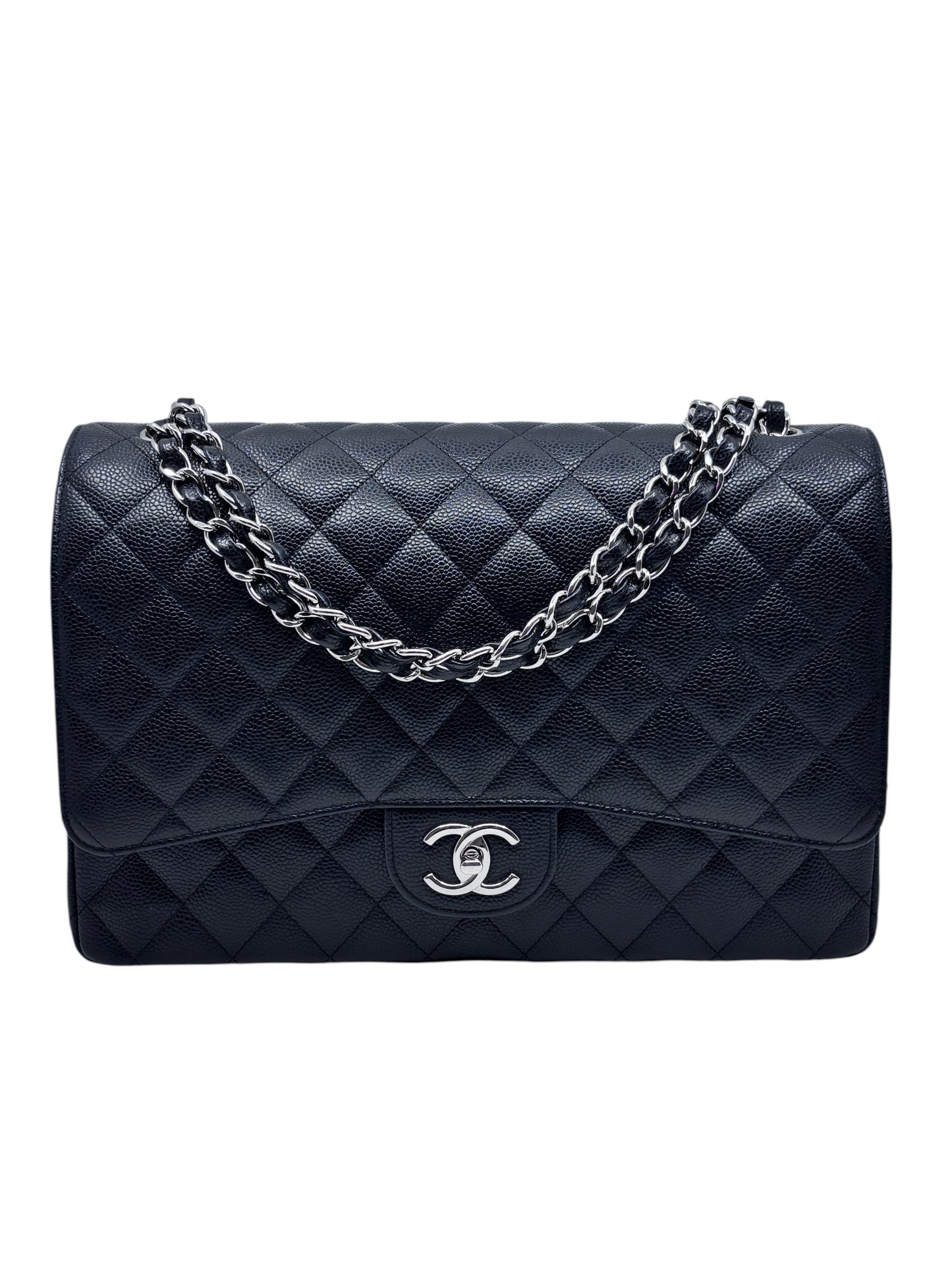 Posh Purse Co black Chanel Classic Jumbo Flap bag in quilted caviar leather with silver CC turn-lock and chain strap.