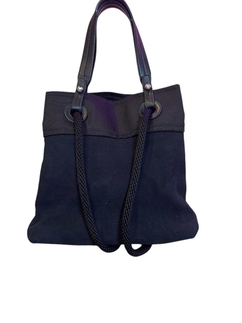 Posh Purse Co. black canvas Chanel XXL Beach Yacht Tote with leather straps and rope details.
