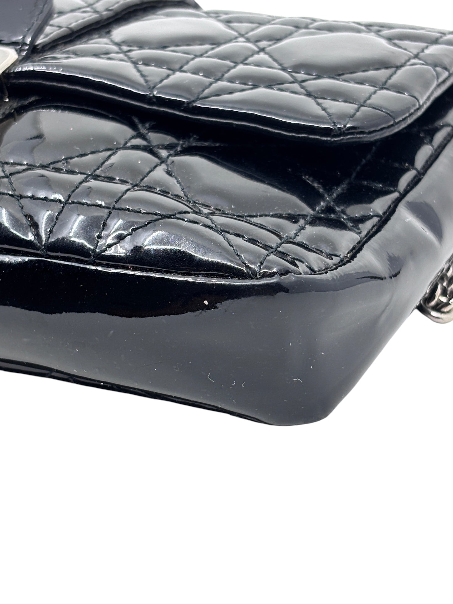 Posh Purse Co black patent leather Dior Cannage quilted crossbody bag with polished hardware detail.
