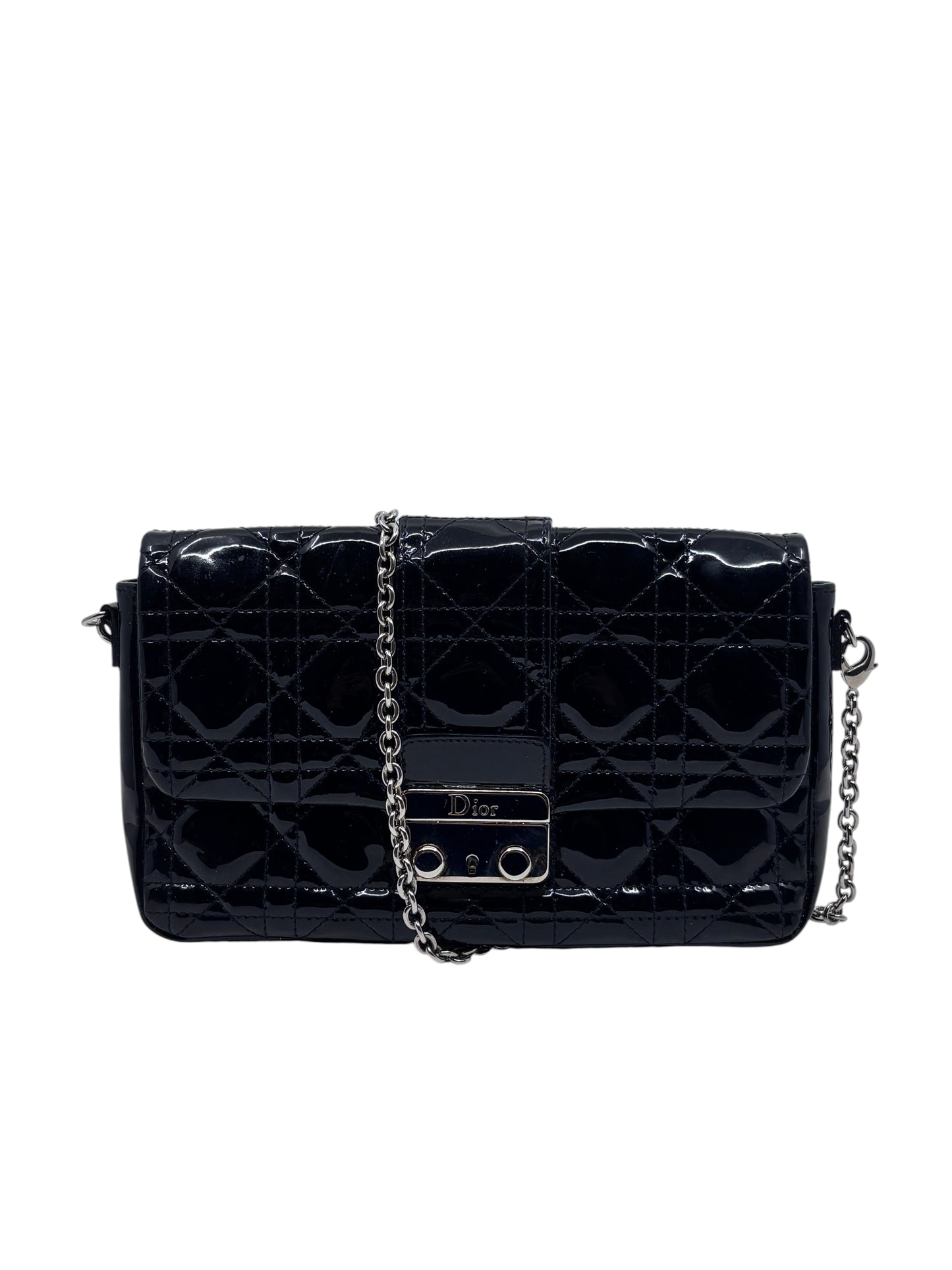 Posh Purse Co black patent leather Dior Cannage crossbody bag with quilted pattern and silver chain strap
