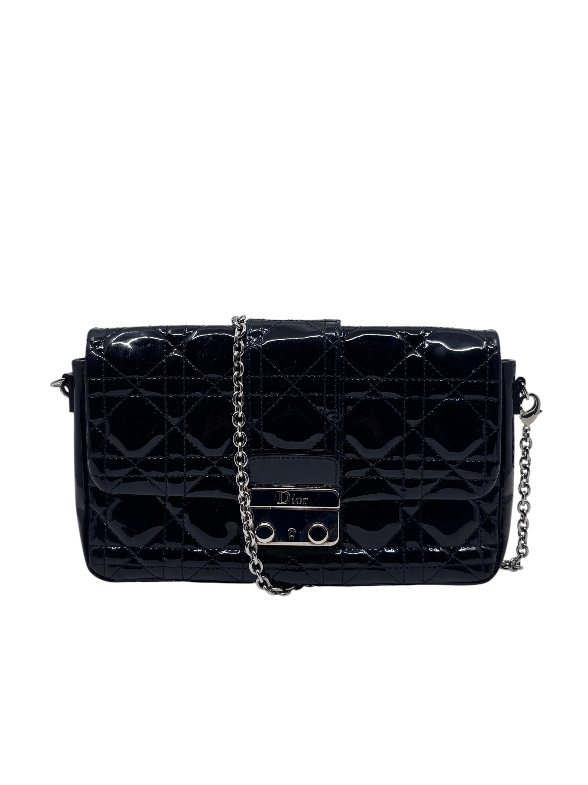 Posh Purse Co black patent leather Dior Cannage crossbody bag with quilted pattern and silver chain strap