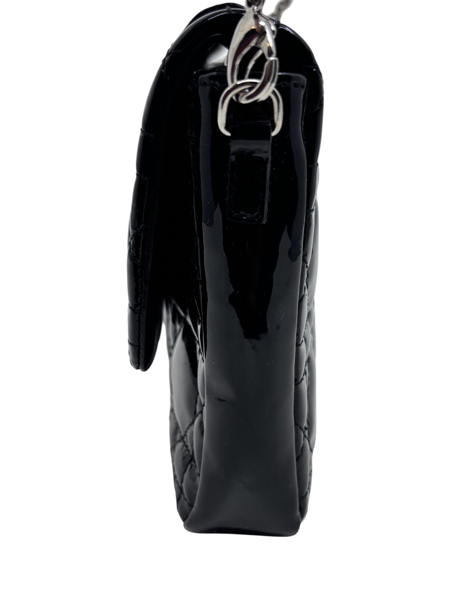 Posh Purse Co black patent leather Dior Cannage quilted crossbody bag side view with polished silver chain hardware