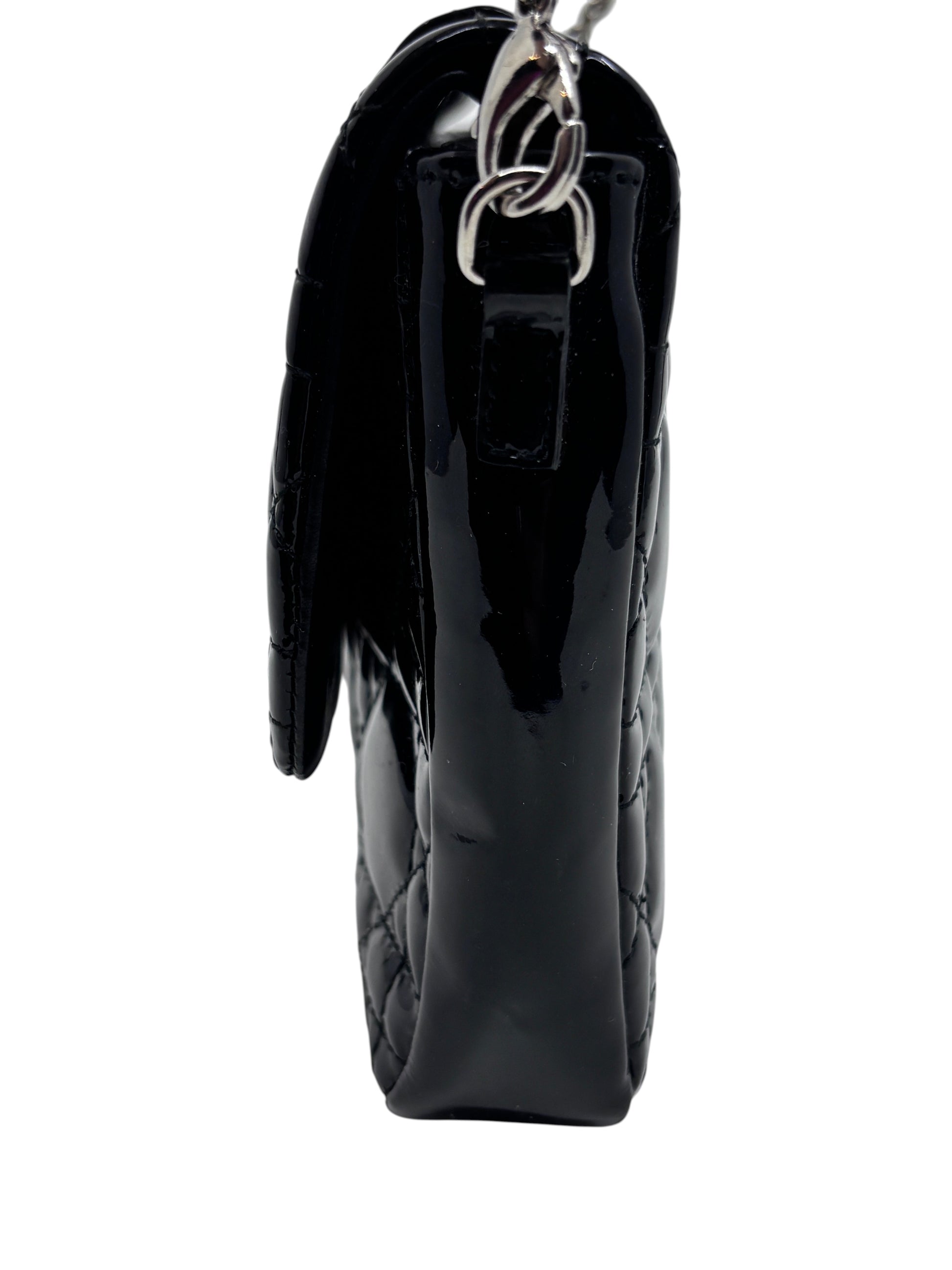 Posh Purse Co black patent leather Dior Cannage quilted crossbody bag side view with polished silver chain hardware