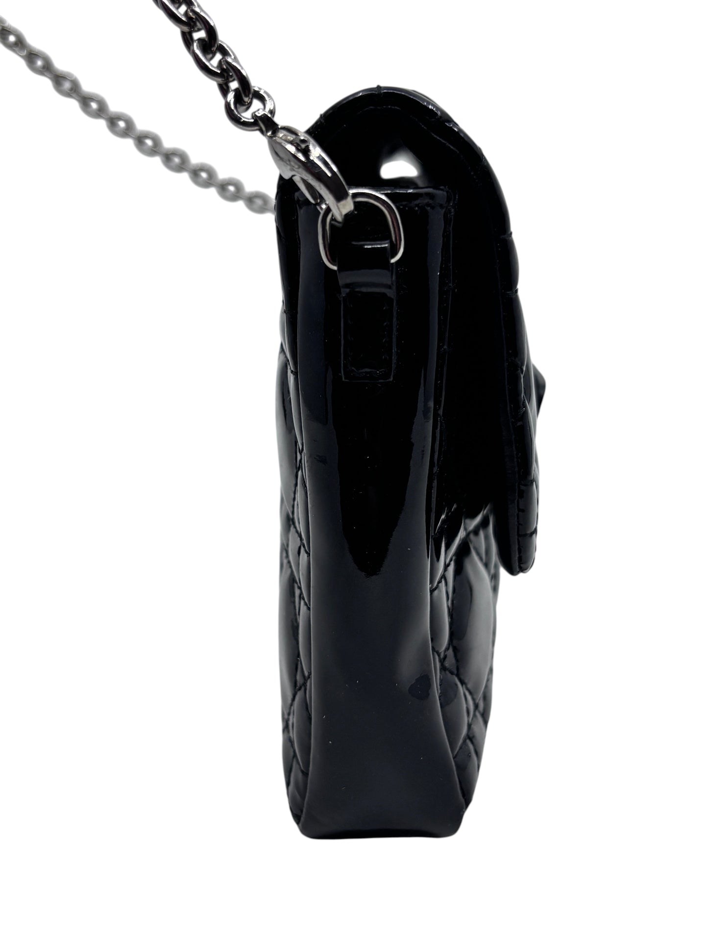 Posh Purse Co black patent leather Dior Cannage crossbody bag with quilted pattern and silver chain strap side view