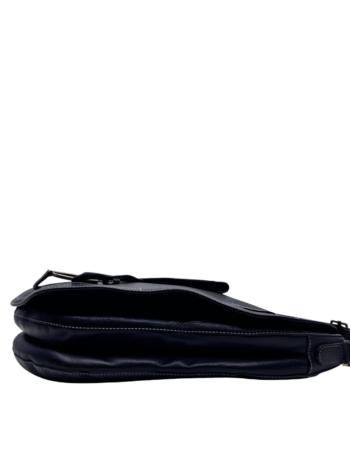 Posh Purse Co black leather Dior Baudrier Saddle Bag viewed from the side showing curved silhouette and stitching