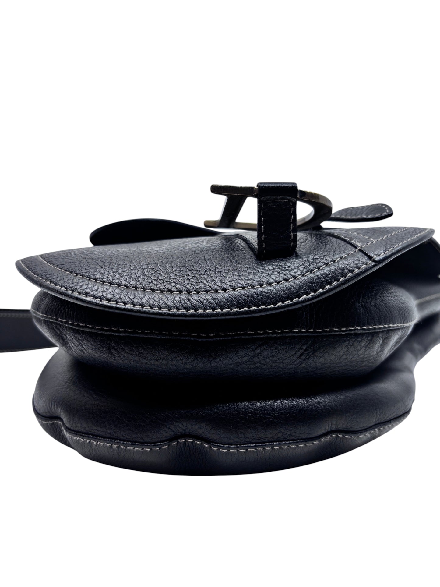 Posh Purse Co black leather Dior Baudrier Saddle Bag featuring iconic curved silhouette and signature metal hardware