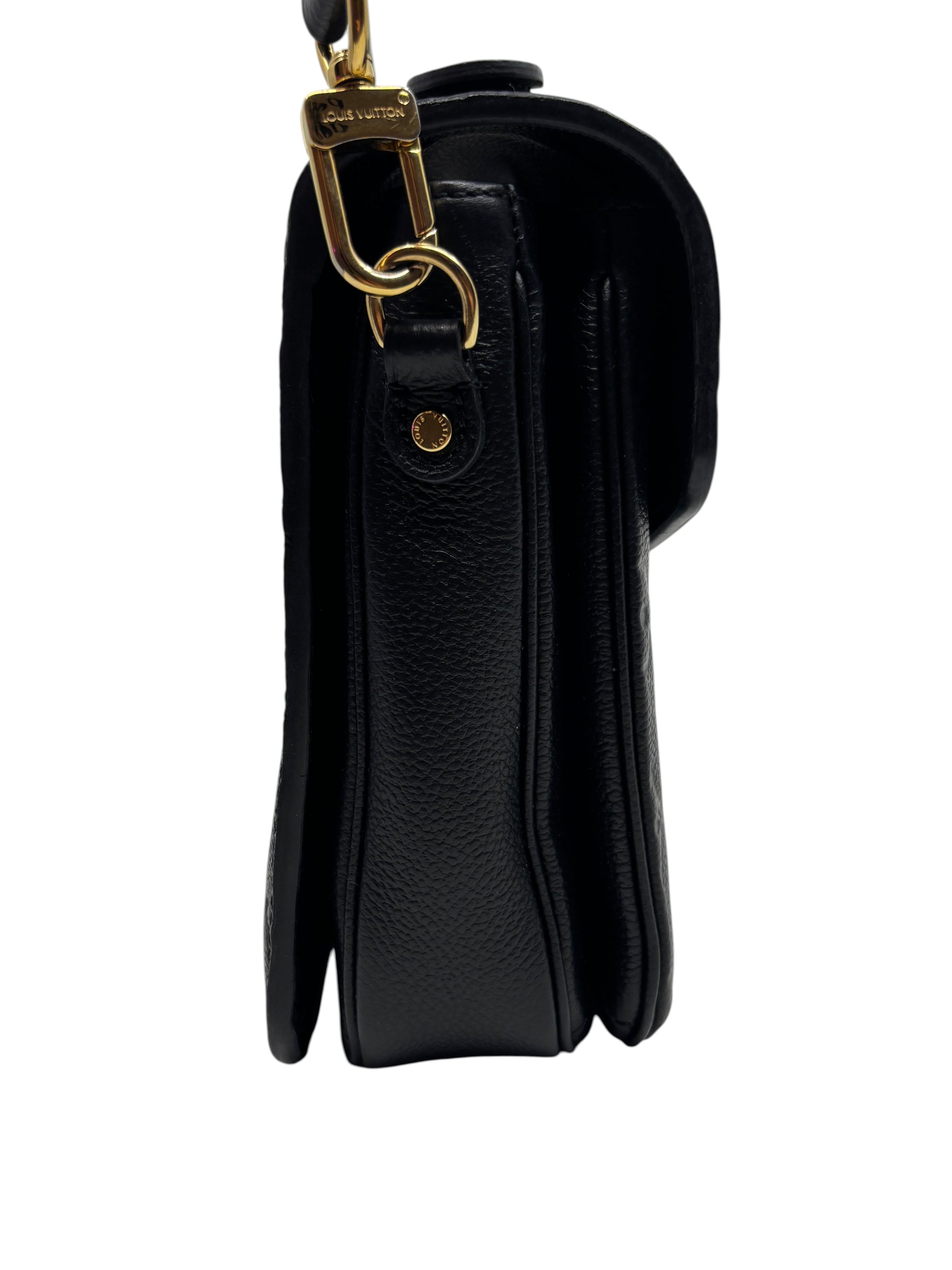 Side view of black Louis Vuitton Empreinte Pochette Metis handbag with gold hardware from Posh Purse Co.