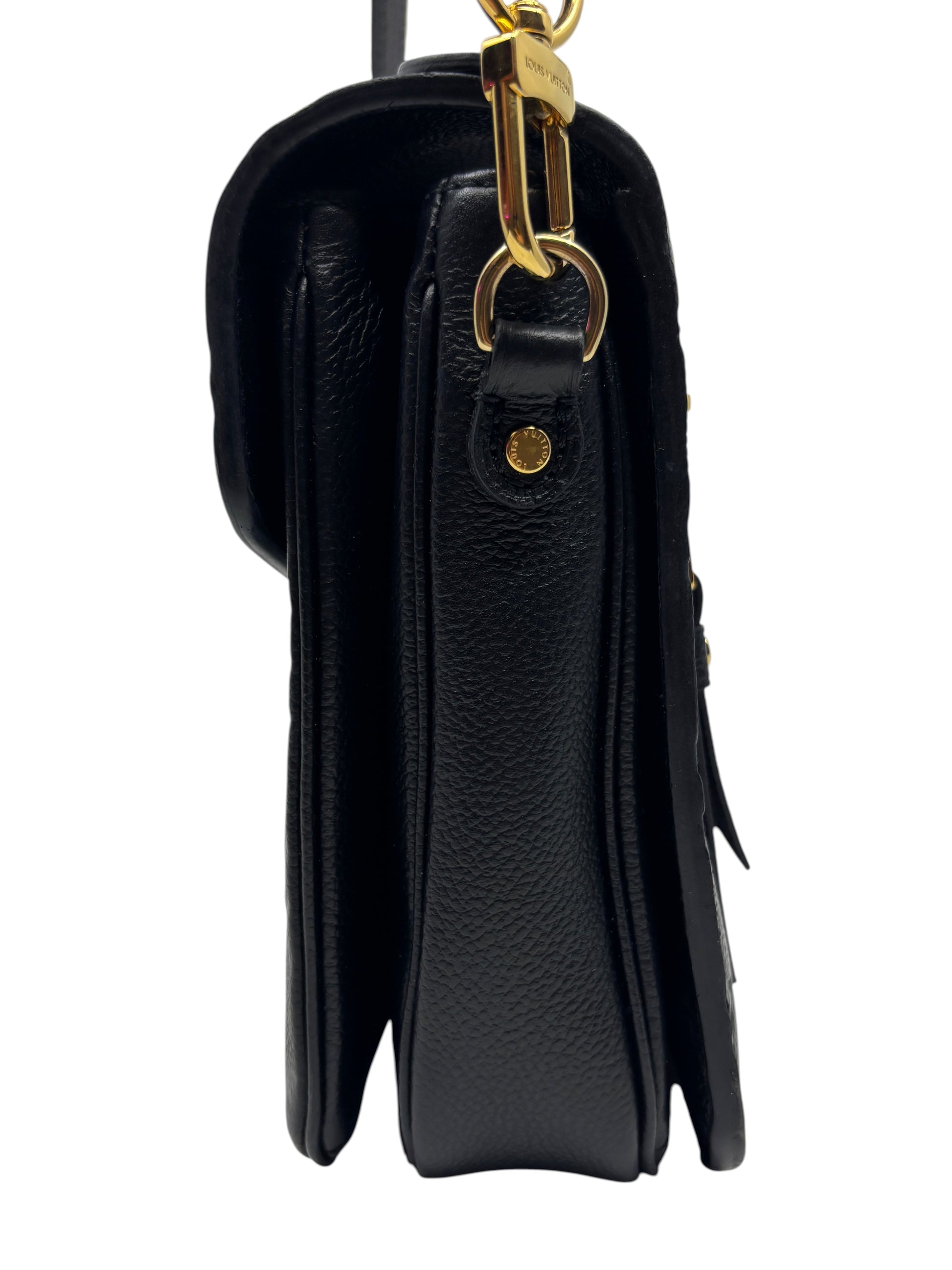 Side view of a black Louis Vuitton Empreinte Pochette Metis handbag with gold hardware from Posh Purse Co.