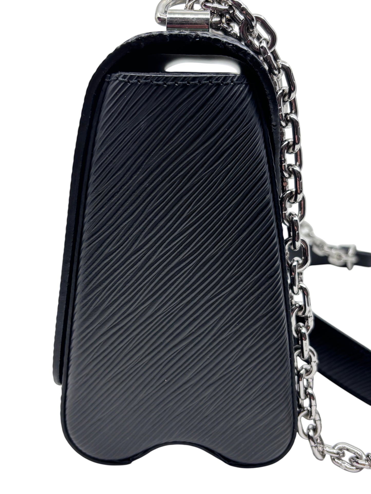 Posh Purse Co black Louis Vuitton Epi leather Twist bag side view with silver chain strap and textured finish