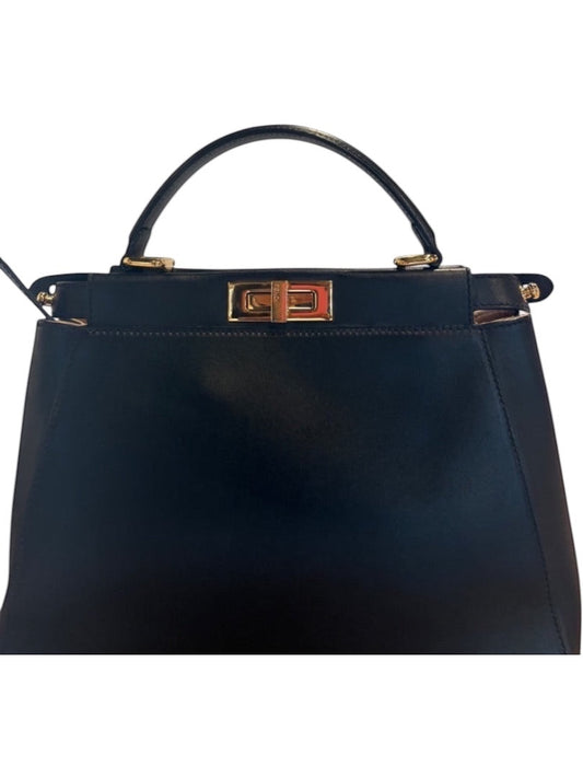Posh Purse Co black leather Fendi Peekaboo medium handbag with gold hardware and top handle.