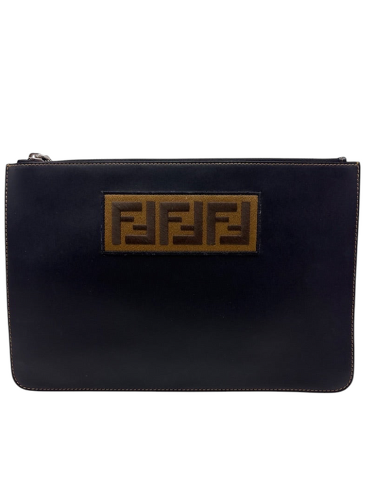 Posh Purse Co black leather Fendi pouch with iconic FF logo patch. Zipper closure, ideal for clutch or tote organizer.