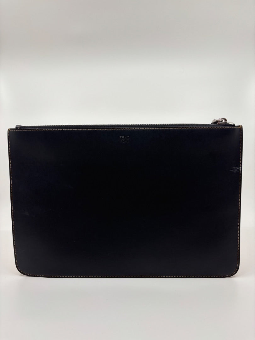 Posh Purse Co black leather Fendi pouch with zip closure and subtle logo detail.