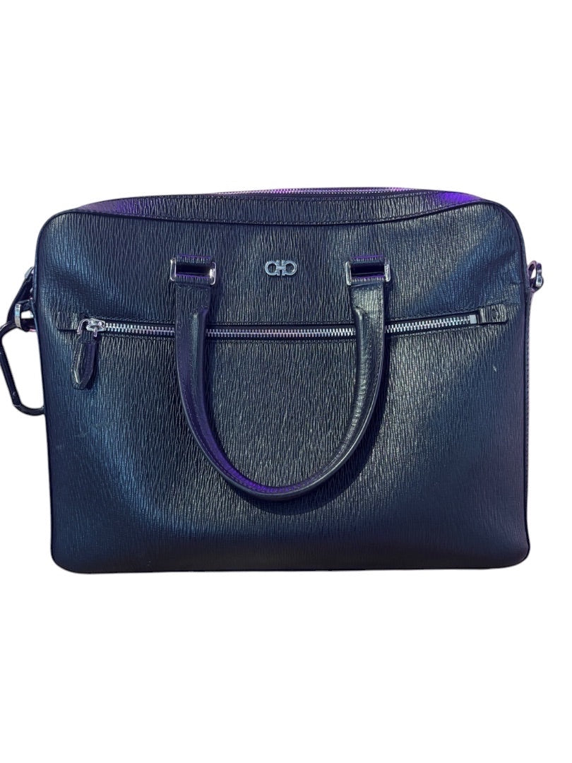 Posh Purse Co black pebbled leather Ferragamo Mancini Revival briefcase with silver-tone logo and zip pockets.