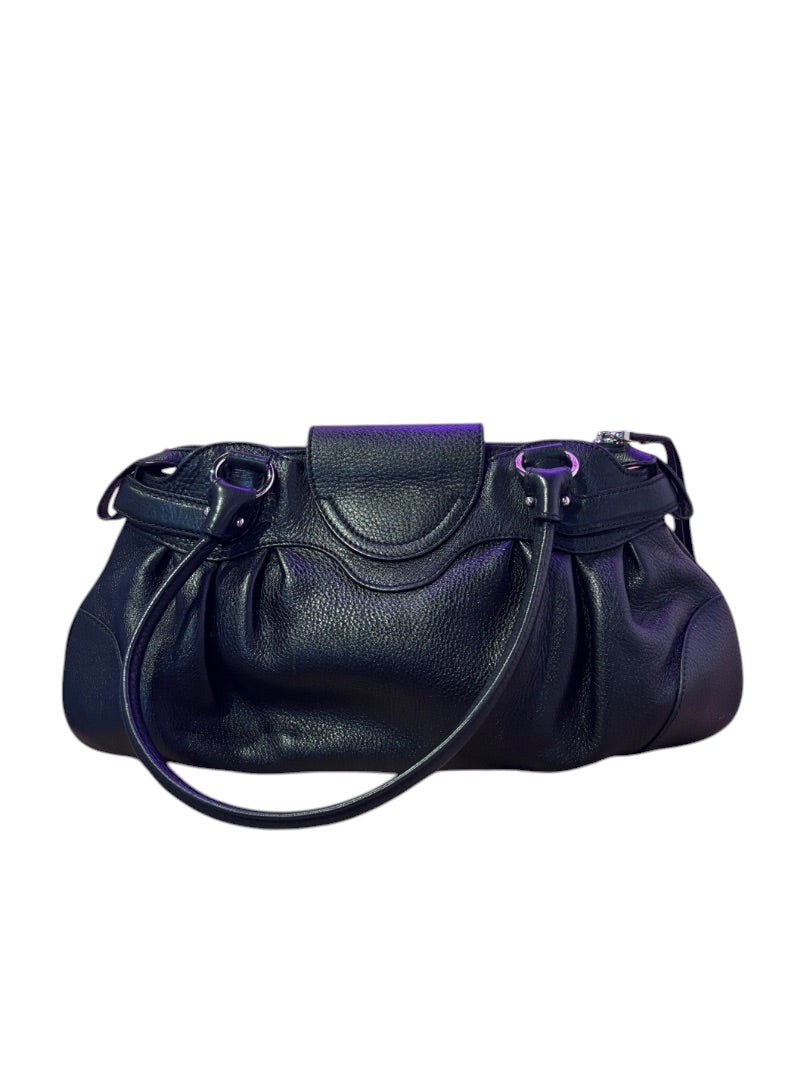 Posh Purse Co. black pebbled leather Ferragamo shoulder bag with a flap closure and double handles.