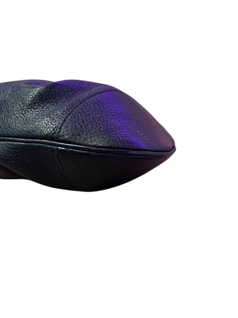 Posh Purse Co. Black Ferragamo leather shoulder bag with textured finish and stitched detailing.