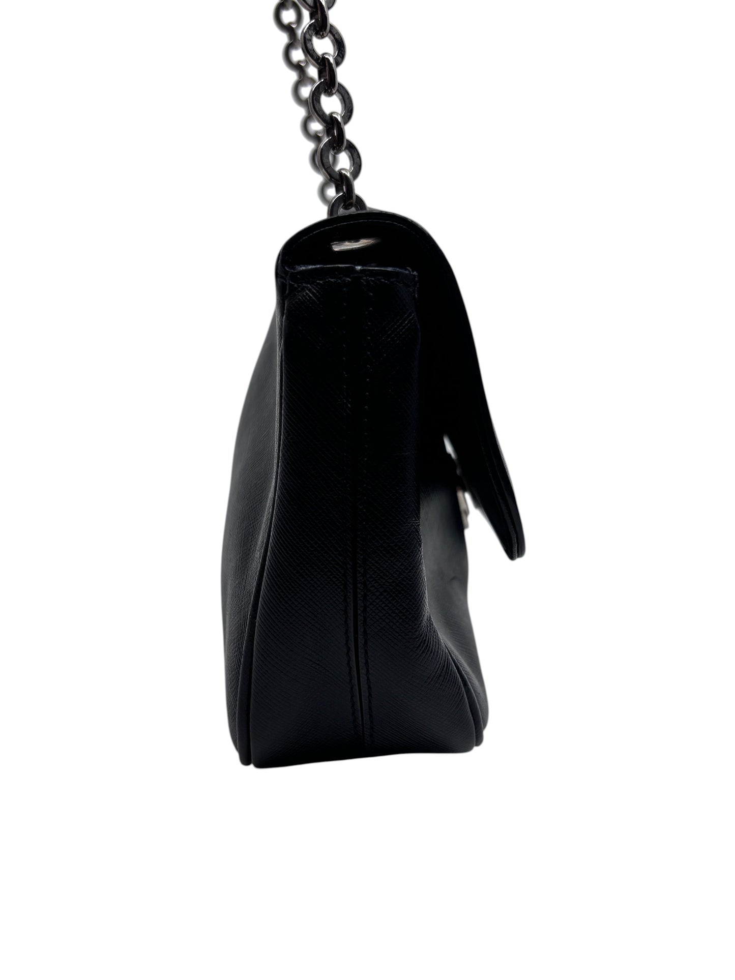 Posh Purse Co preloved black Ferragamo shoulder bag with silver chain strap, side profile view