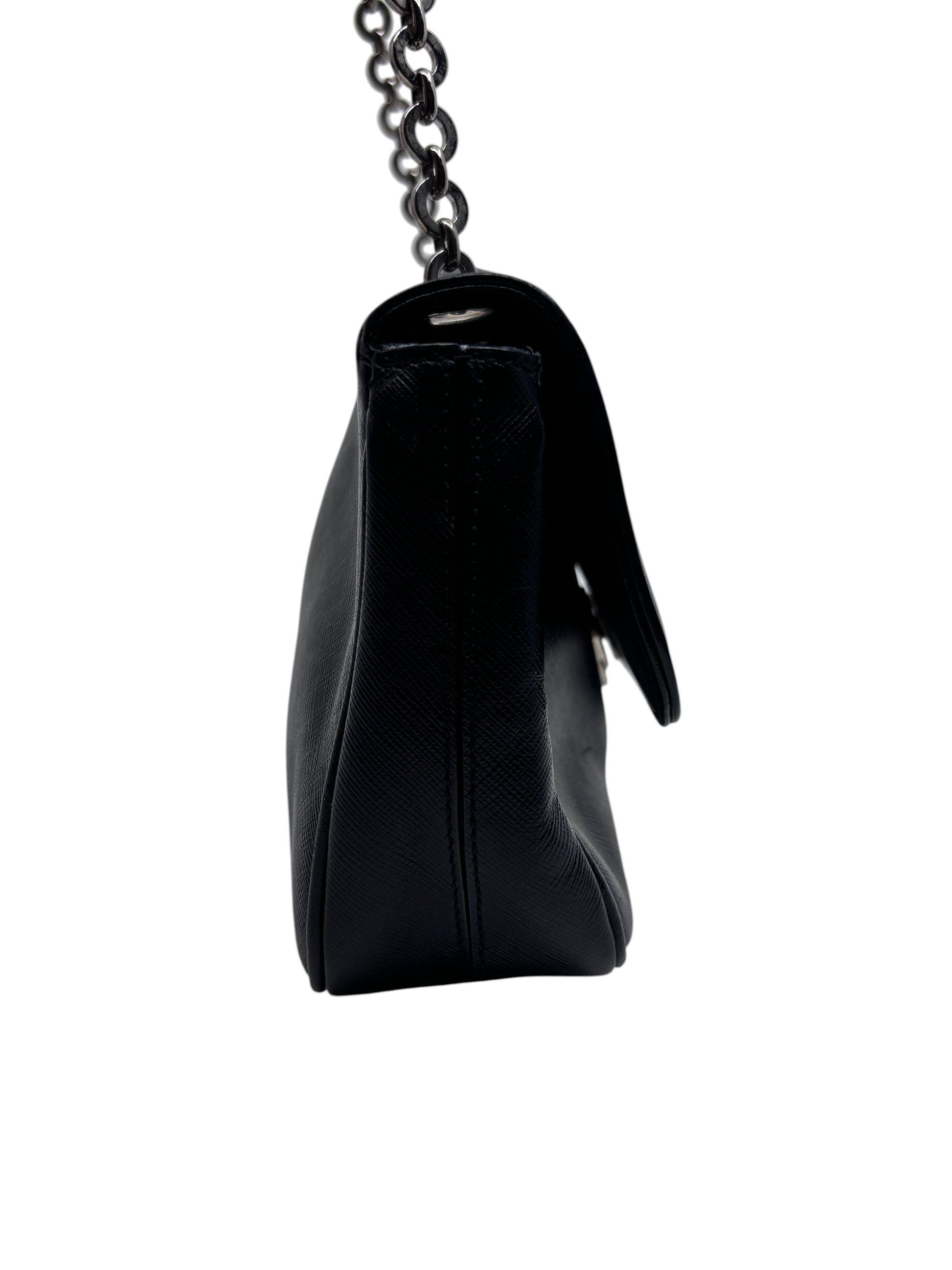 Posh Purse Co preloved black Ferragamo shoulder bag with silver chain strap, side profile view