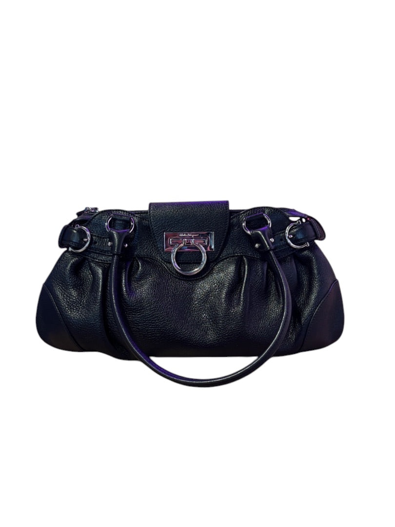Posh Purse Co. black pebbled leather Ferragamo shoulder bag with silver Gancini hardware and double handles.