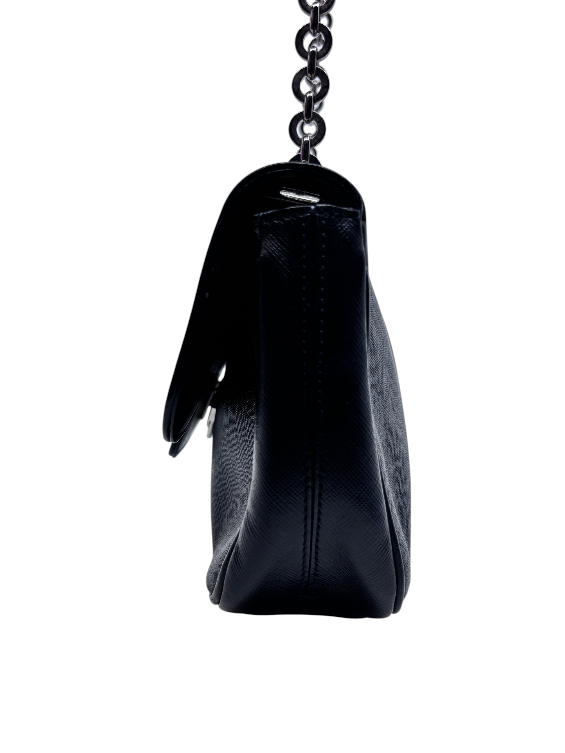Posh Purse Co preloved black Ferragamo shoulder bag with silver chain strap shown from the side profile