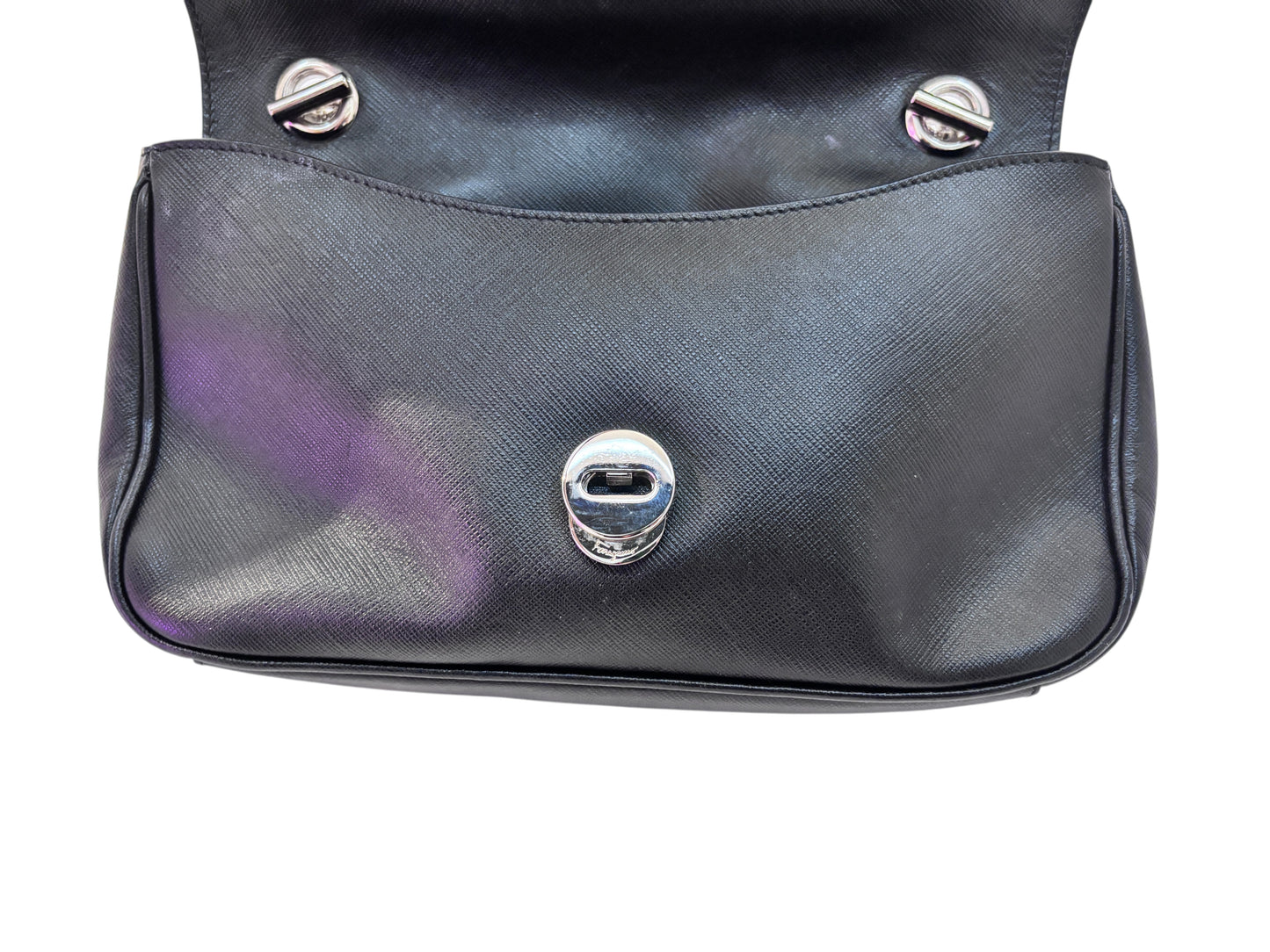 Posh Purse Co black Ferragamo shoulder bag with silver-tone hardware and a polished turn-lock closure