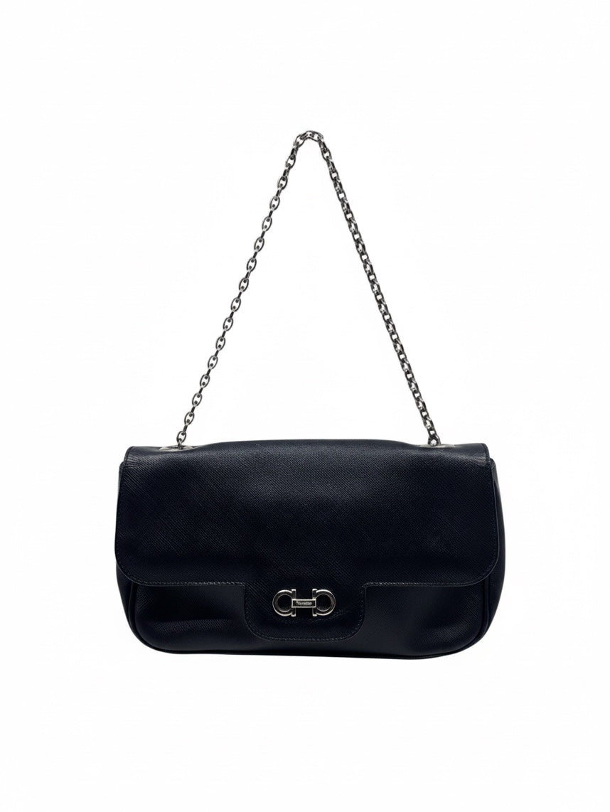 Posh Purse Co black Ferragamo shoulder bag with silver chain strap and signature silver-tone hardware